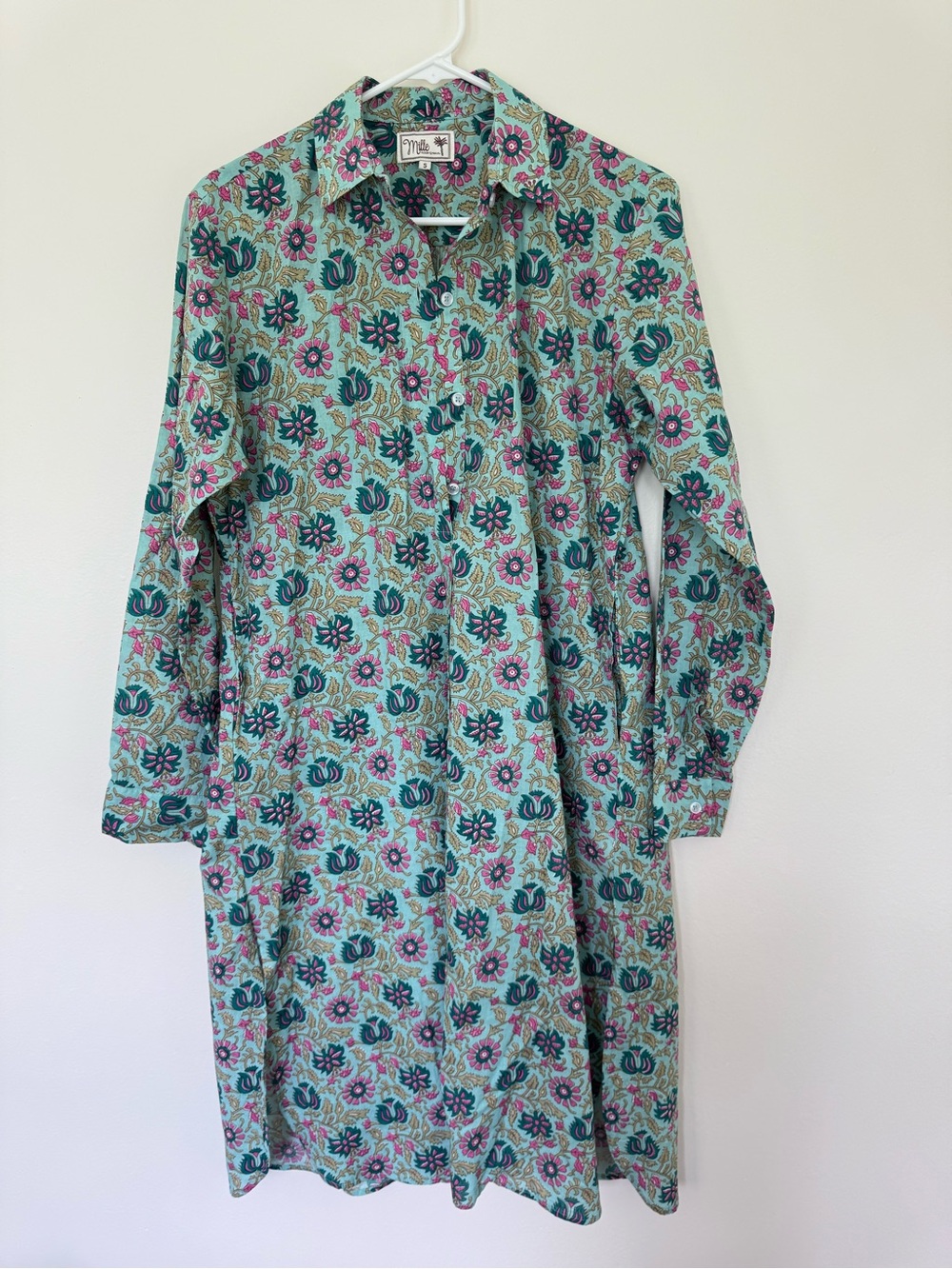 Mille Floral Popover Cotton Shirtdress Green Pink size Small